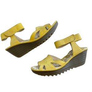 Fly London Light Yellow Leather Wedge Sandals